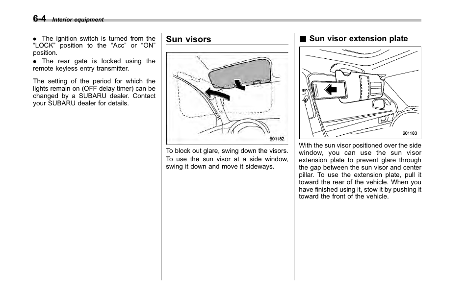 Sun visors, Sun visor extension plate | Subaru 2001 Outback User Manual | Page 222 / 448