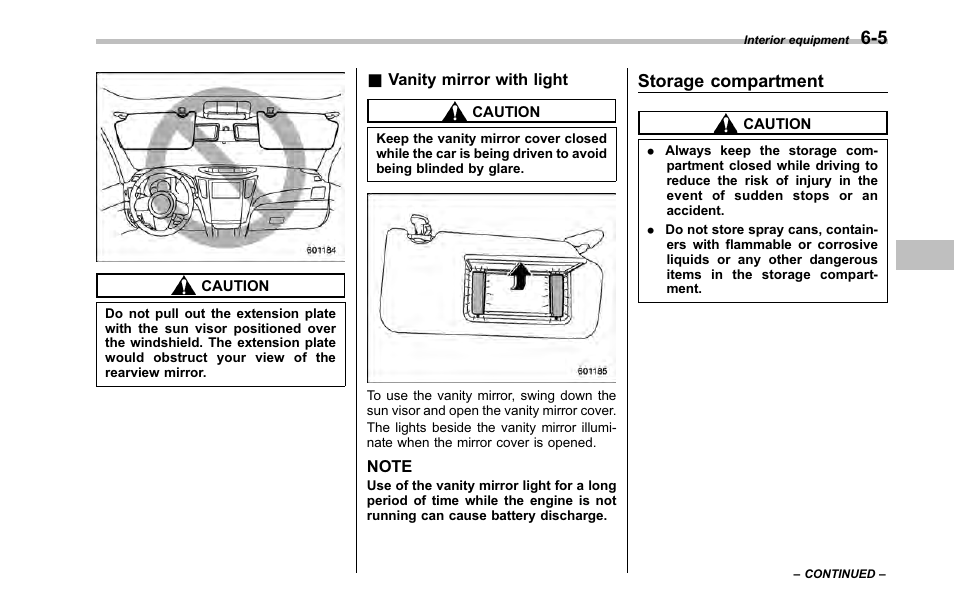 Vanity mirror with light, Storage compartment | Subaru 2001 Outback User Manual | Page 223 / 448