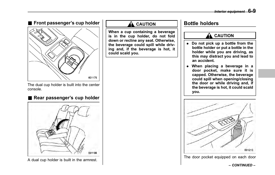 Front passenger’s cup holder, Rear passenger’s cup holder, Bottle holders | Subaru 2001 Outback User Manual | Page 227 / 448