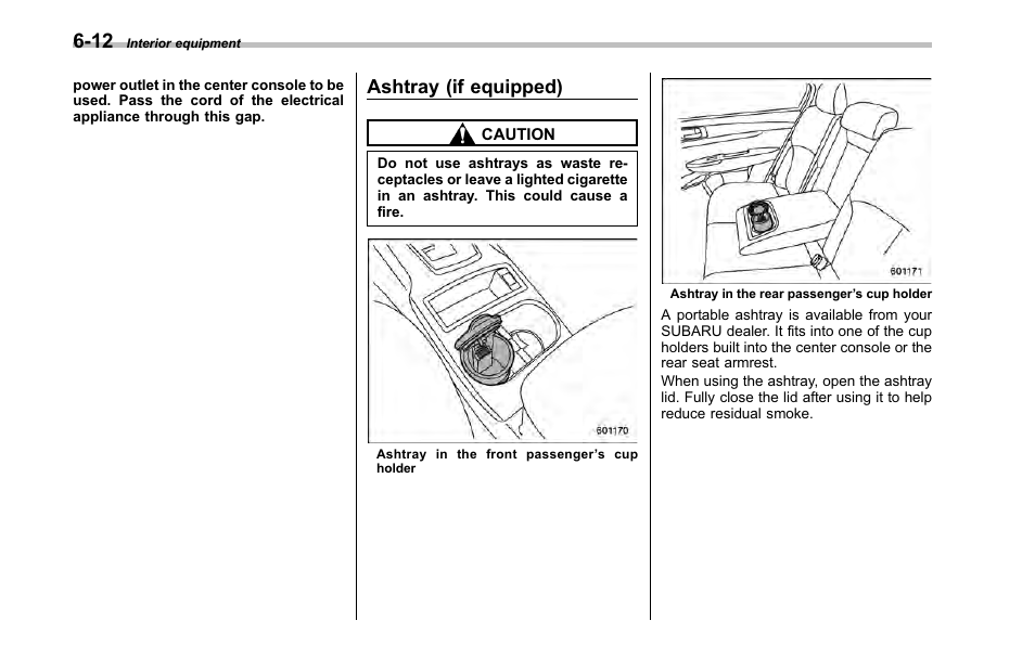 Ashtray, Ashtray (if equipped) | Subaru 2001 Outback User Manual | Page 230 / 448