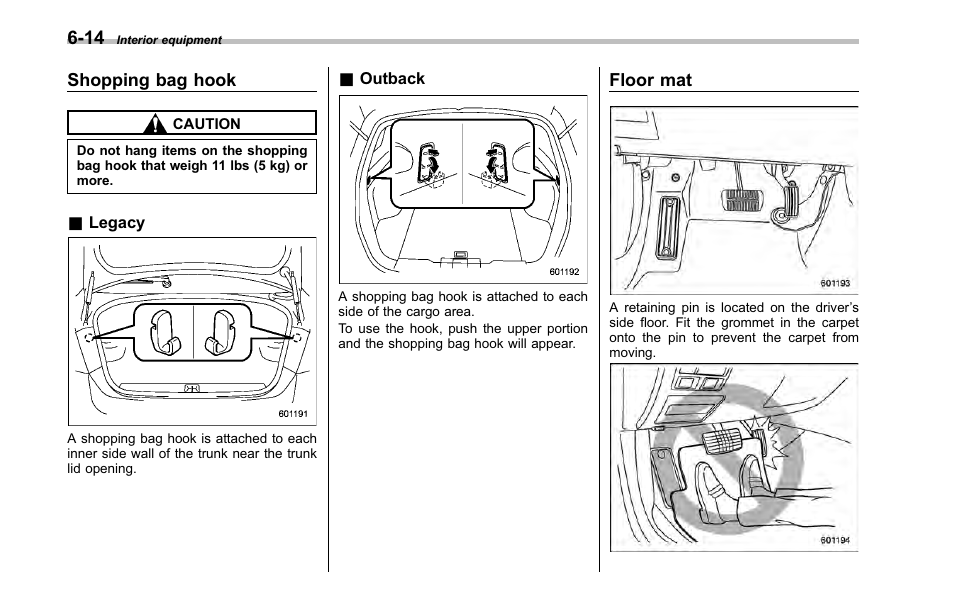 Shopping bag hook, Legacy, Outback | Floor mat | Subaru 2001 Outback User Manual | Page 232 / 448