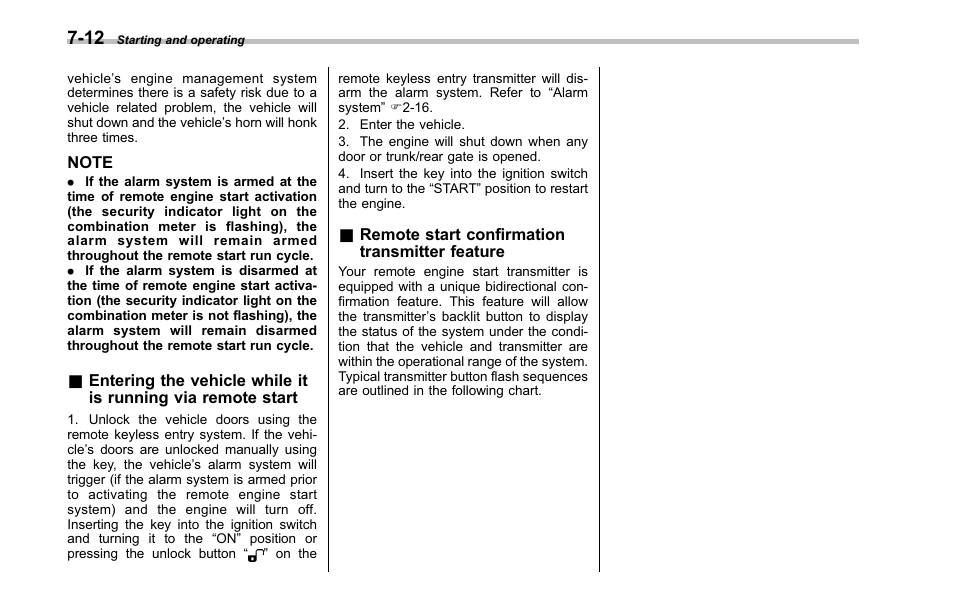 Remote start confirmation transmitter feature | Subaru 2001 Outback User Manual | Page 254 / 448