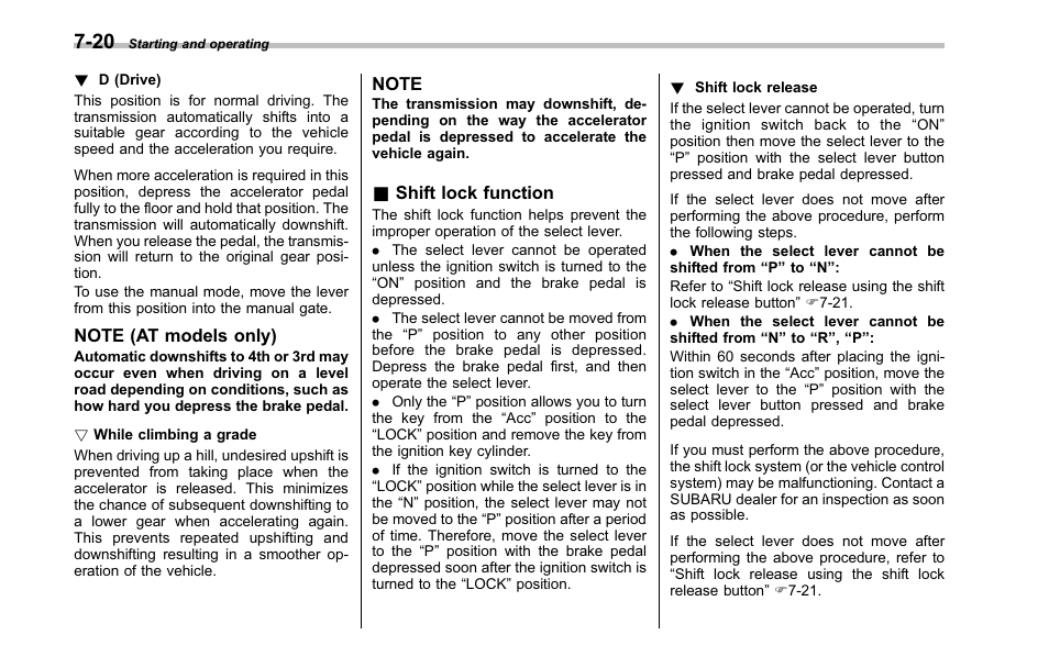 Shift lock function | Subaru 2001 Outback User Manual | Page 262 / 448