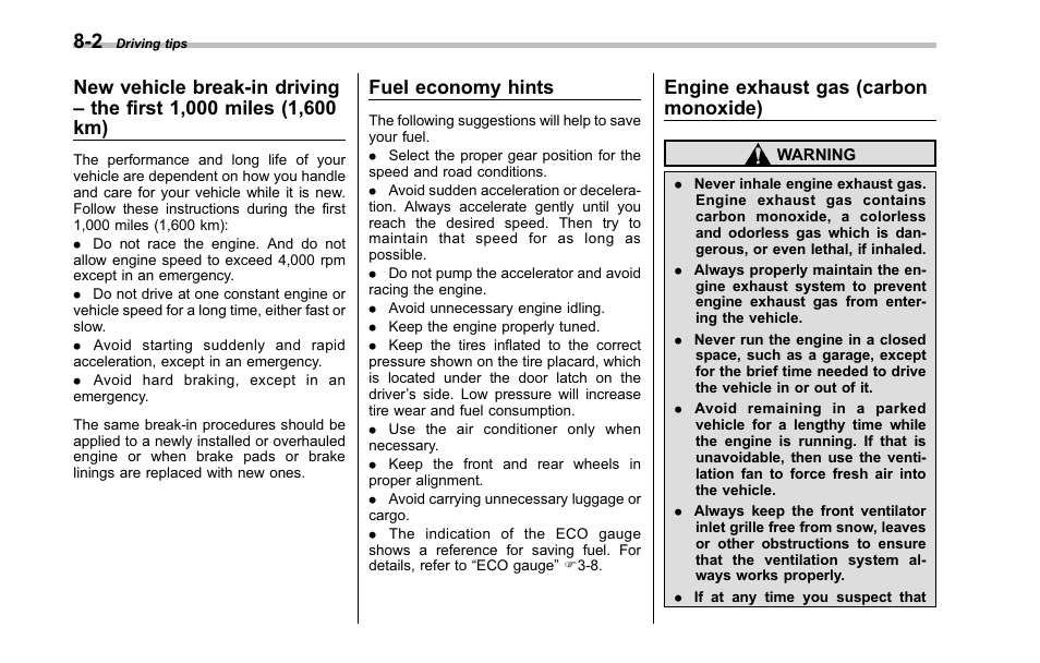 Fuel economy hints, Engine exhaust gas (carbon monoxide) | Subaru 2001 Outback User Manual | Page 286 / 448