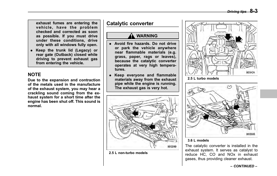 Catalytic converter | Subaru 2001 Outback User Manual | Page 287 / 448