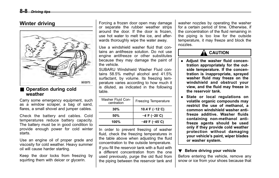 Winter driving, Operation during cold weather | Subaru 2001 Outback User Manual | Page 292 / 448