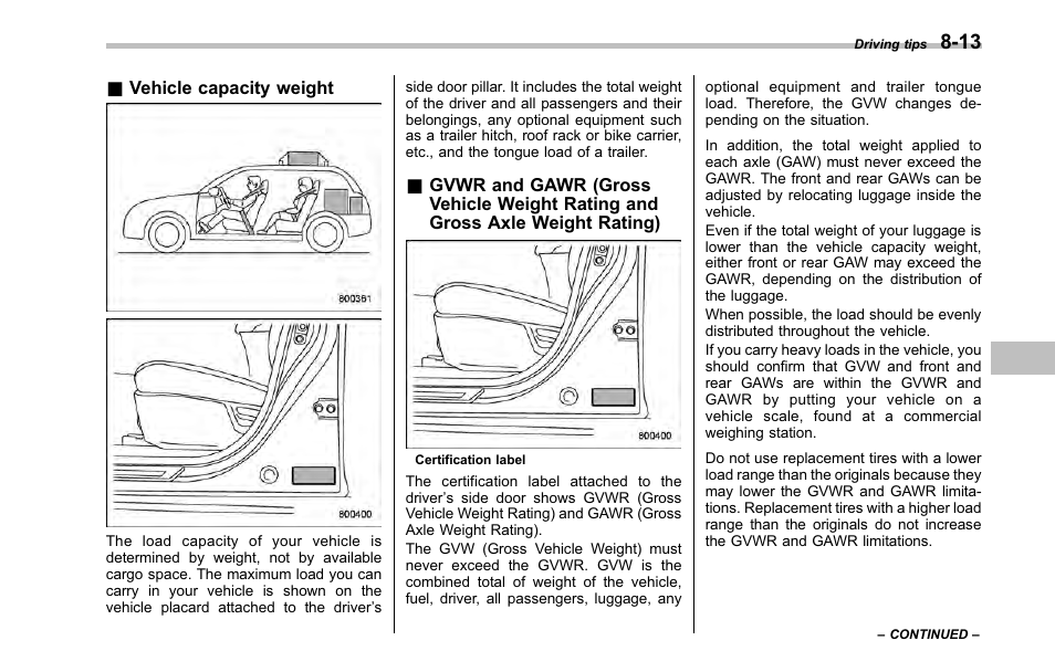 Vehicle capacity weight | Subaru 2001 Outback User Manual | Page 297 / 448