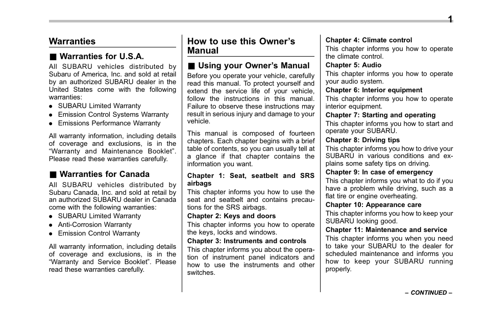 Warranties, How to use this owner ’s manual | Subaru 2001 Outback User Manual | Page 3 / 448