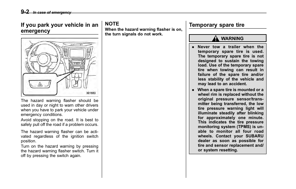 If you park your vehicle in an emergency, Temporary spare tire | Subaru 2001 Outback User Manual | Page 312 / 448