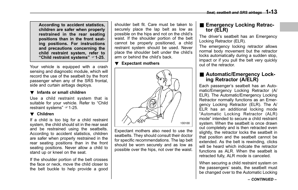 Emergency locking retractor (elr), Automatic/emergency locking retractor (a/elr) | Subaru 2001 Outback User Manual | Page 35 / 448