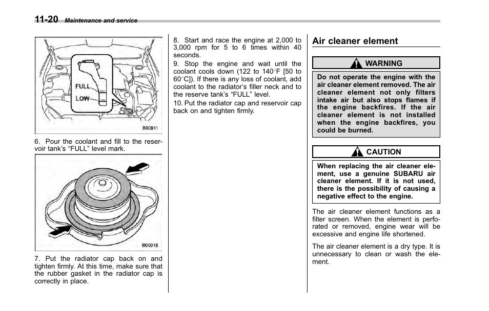 Air cleaner element | Subaru 2001 Outback User Manual | Page 356 / 448