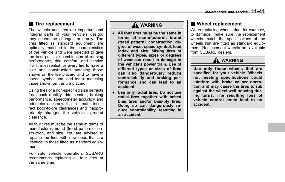 Tire replacement, Wheel replacement | Subaru 2001 Outback User Manual | Page 377 / 448