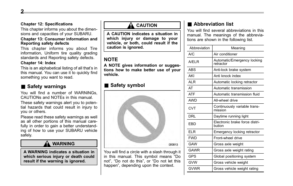 Safety warnings, Safety symbol, Abbreviation list | Subaru 2001 Outback User Manual | Page 4 / 448