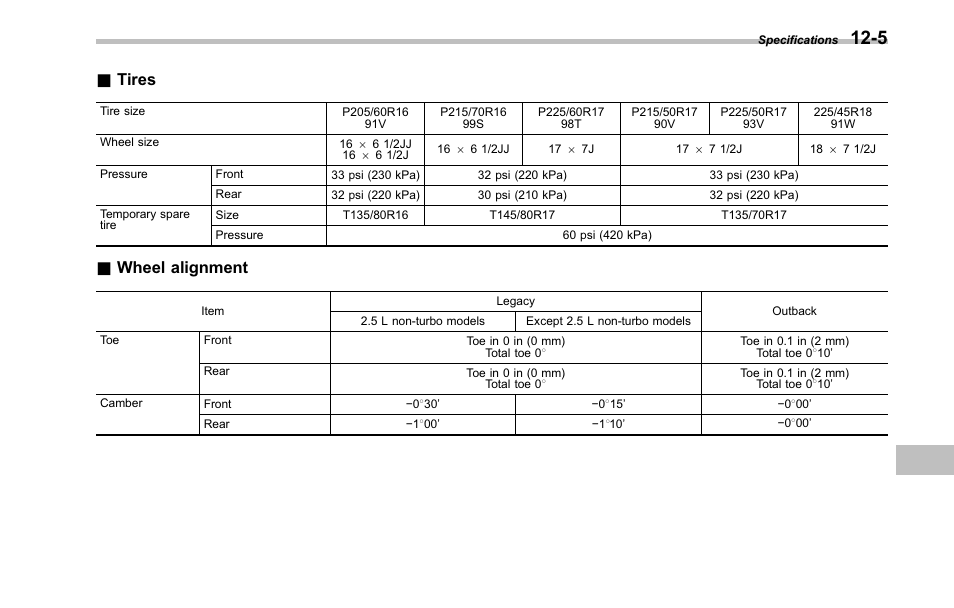 Tires, Wheel alignment | Subaru 2001 Outback User Manual | Page 401 / 448