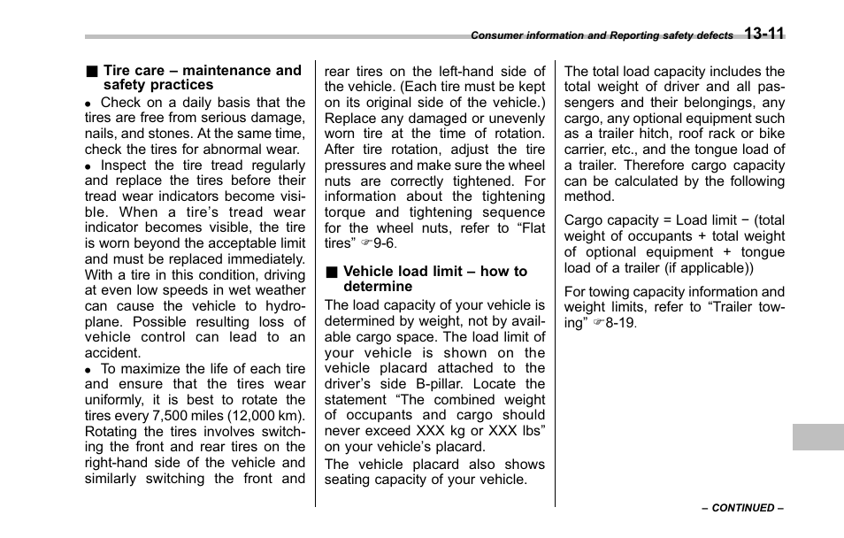 Tire care – maintenance and safety practices, Vehicle load limit – how to determine | Subaru 2001 Outback User Manual | Page 421 / 448