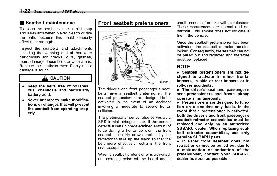 Seatbelt maintenance, Front seatbelt pretensioners | Subaru 2001 Outback User Manual | Page 44 / 448