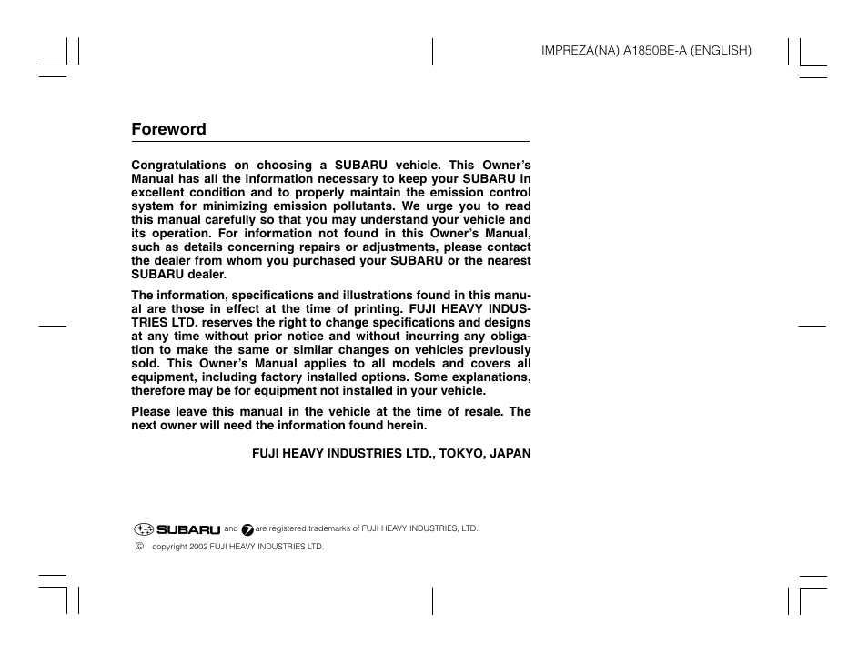 Foreword | Subaru Impreza User Manual | Page 2 / 35
