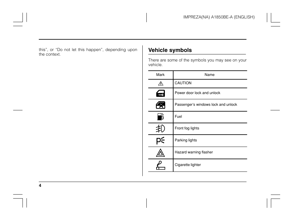 Vehicle symbols | Subaru Impreza User Manual | Page 7 / 35