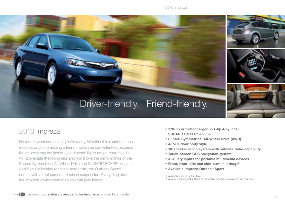 Driver-friendly. friend-friendly, 2010 impreza | Subaru 2010 Outback User Manual | Page 18 / 20