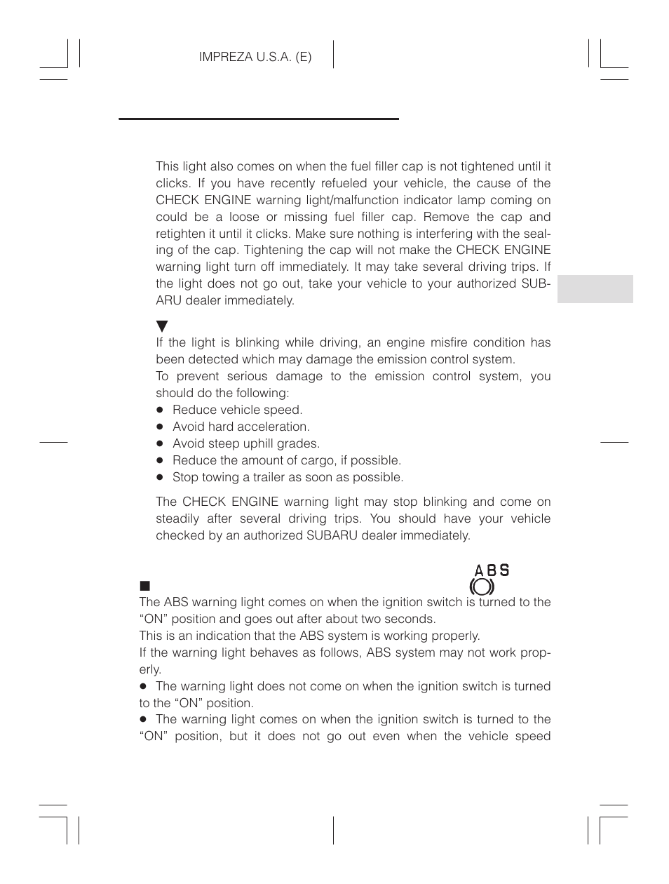 Abs warning light (for vehicles with abs) | Subaru Impreza 2.2L MT User Manual | Page 116 / 328