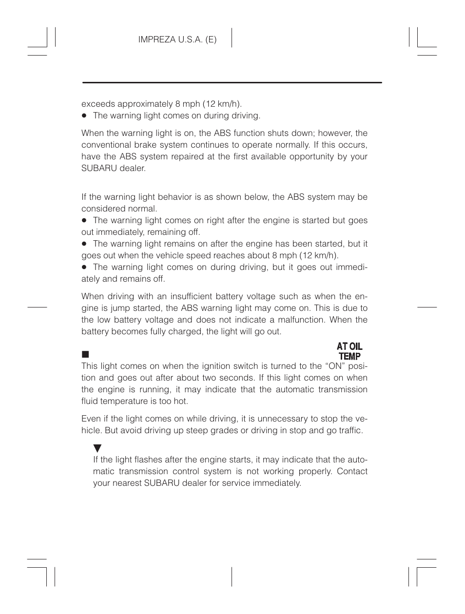 At oil temperature warning light (for at vehicles) | Subaru Impreza 2.2L MT User Manual | Page 117 / 328