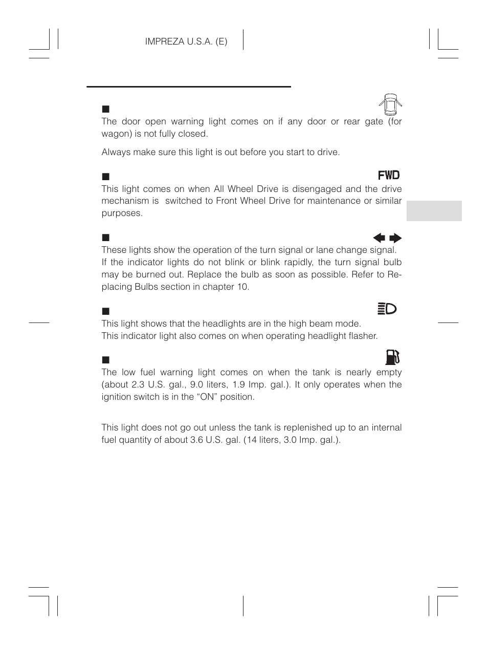 Door open warning lights, Turn signal indicator lights, High beam indicator | Low fuel warning light | Subaru Impreza 2.2L MT User Manual | Page 118 / 328