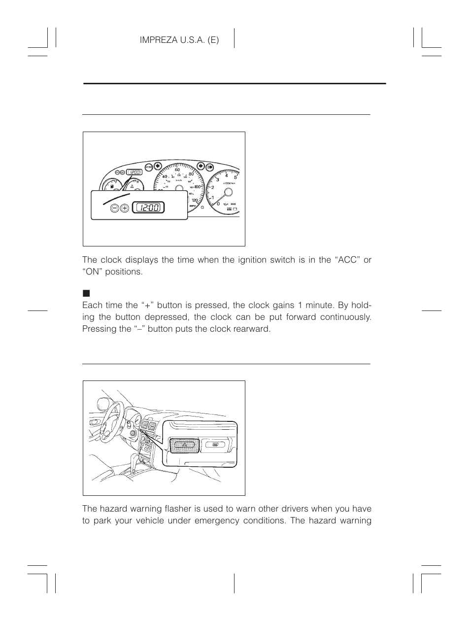 Clock, Setting the clock, Hazard warning flasher | Subaru Impreza 2.2L MT User Manual | Page 119 / 328