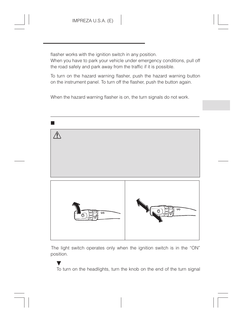 Light controls, Light switch, Warning | Subaru Impreza 2.2L MT User Manual | Page 120 / 328