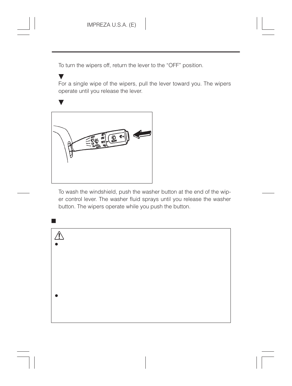 Rear window wiper and washer switch (wagon only), Caution | Subaru Impreza 2.2L MT User Manual | Page 127 / 328