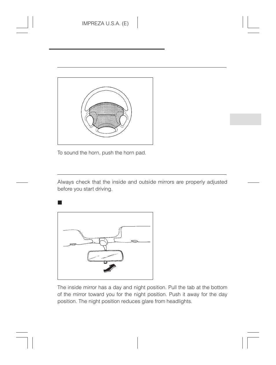 Horn, Mirrors, Inside mirror | Subaru Impreza 2.2L MT User Manual | Page 130 / 328