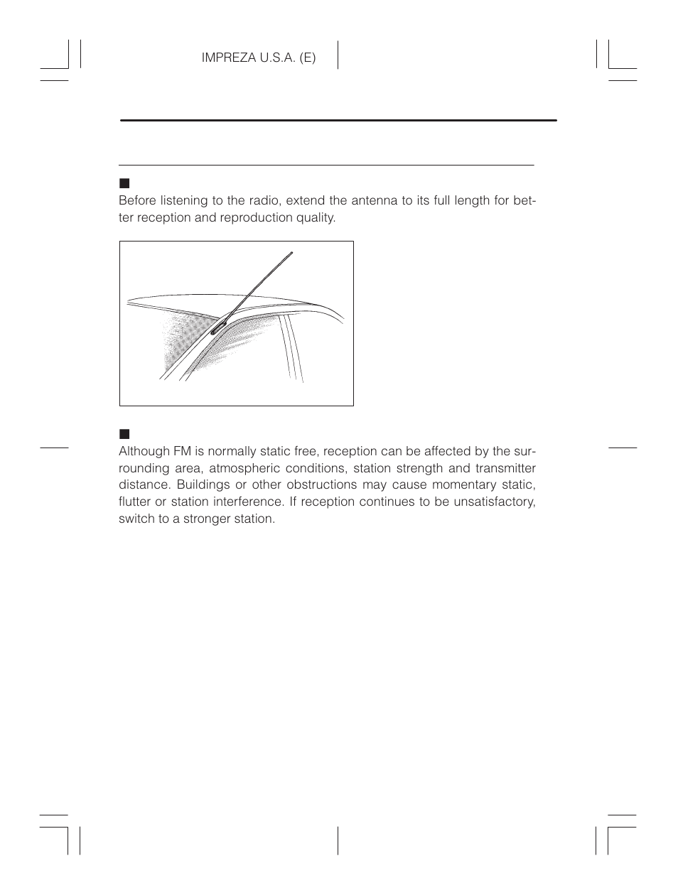 Radio, Manual antenna, Fm reception | Subaru Impreza 2.2L MT User Manual | Page 146 / 328