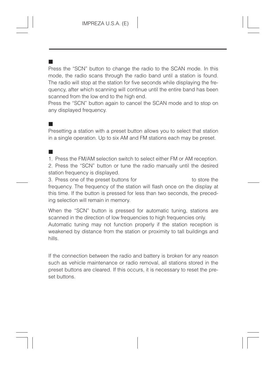 Automatic tuning (scn), Selecting preset stations, How to preset stations | Subaru Impreza 2.2L MT User Manual | Page 152 / 328