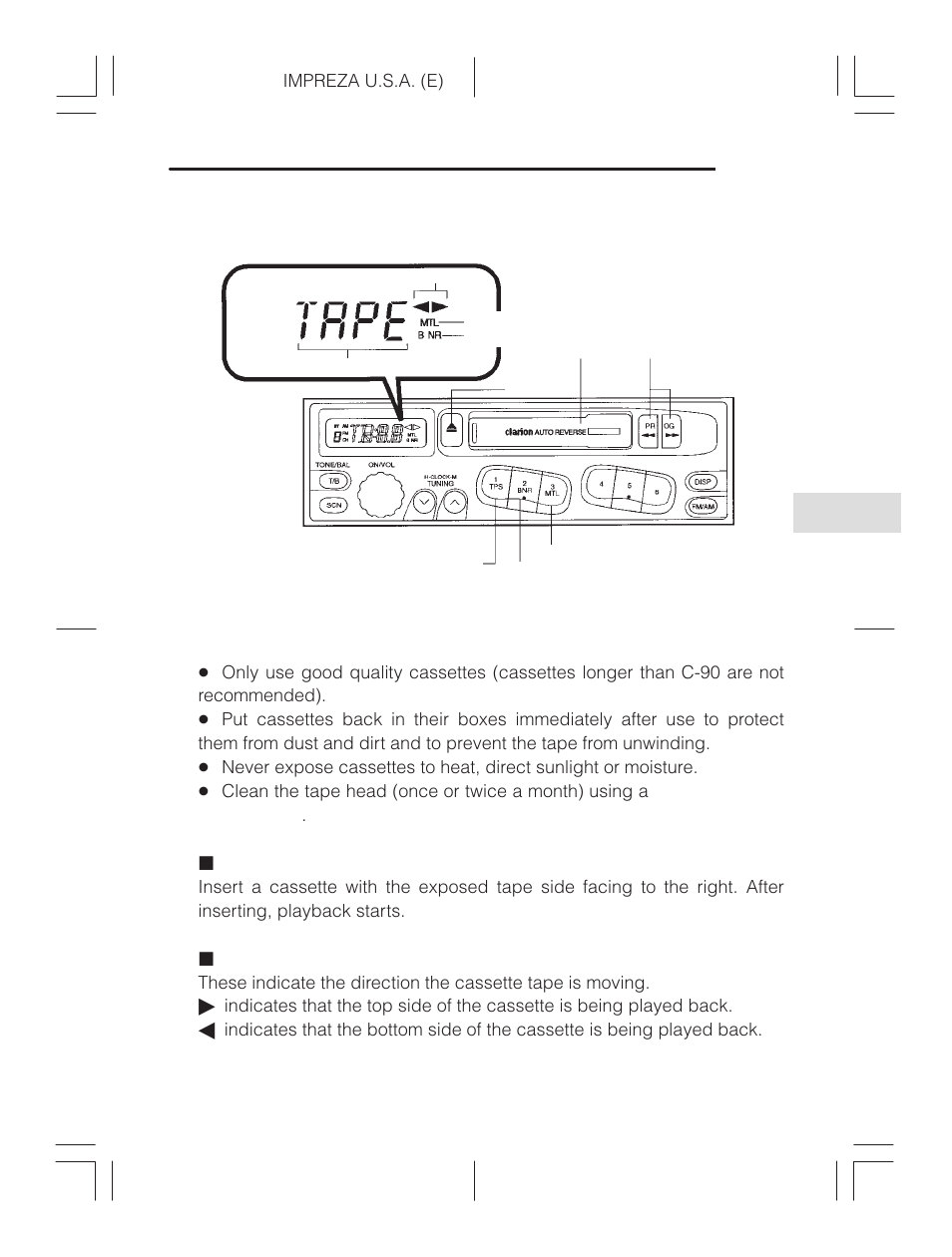 Cassette player operation, Cassette slot, Tape travel indicators | Subaru Impreza 2.2L MT User Manual | Page 153 / 328