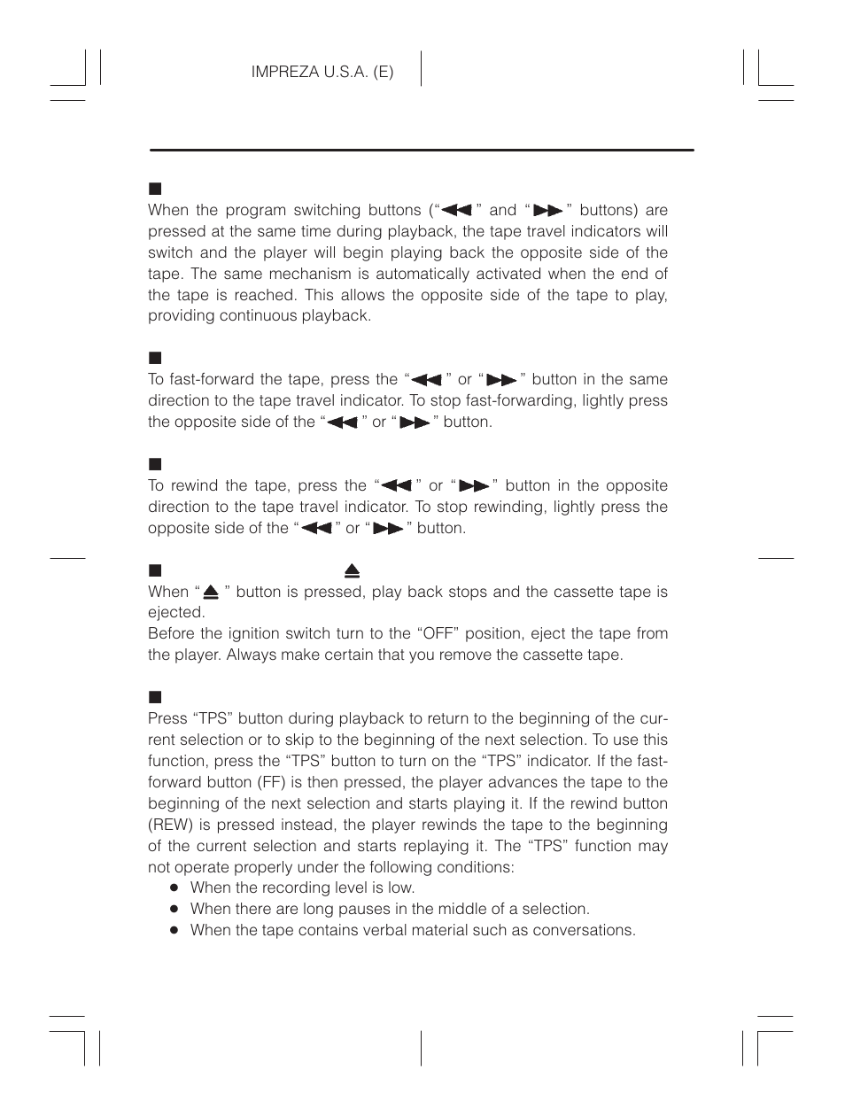 Program switching buttons (prog), Fast-forward button, Rewind button | Stop and eject button, Tape program sensor button, Tape program sensor button (tps) | Subaru Impreza 2.2L MT User Manual | Page 154 / 328