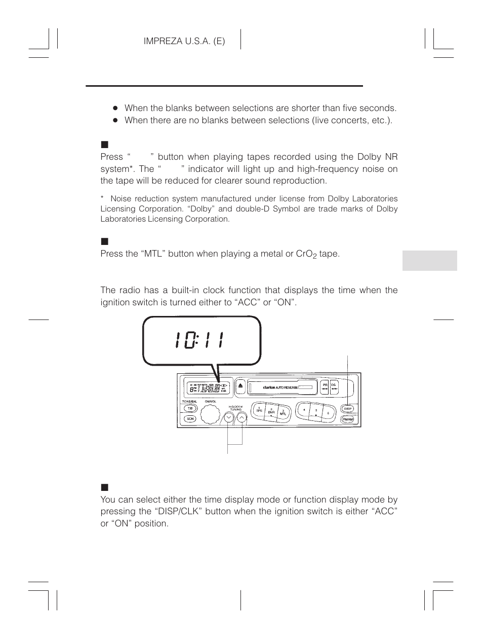 Dolby nr button, Metal tape button, Clock function | Display mode, Dolby nr button (bnr), Metal tape button (mtl) | Subaru Impreza 2.2L MT User Manual | Page 155 / 328