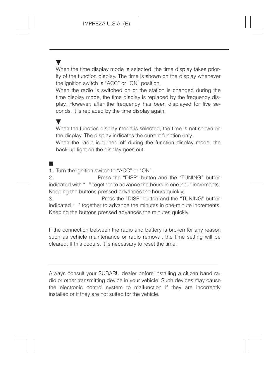 Setting the time, Installation of accessories | Subaru Impreza 2.2L MT User Manual | Page 156 / 328