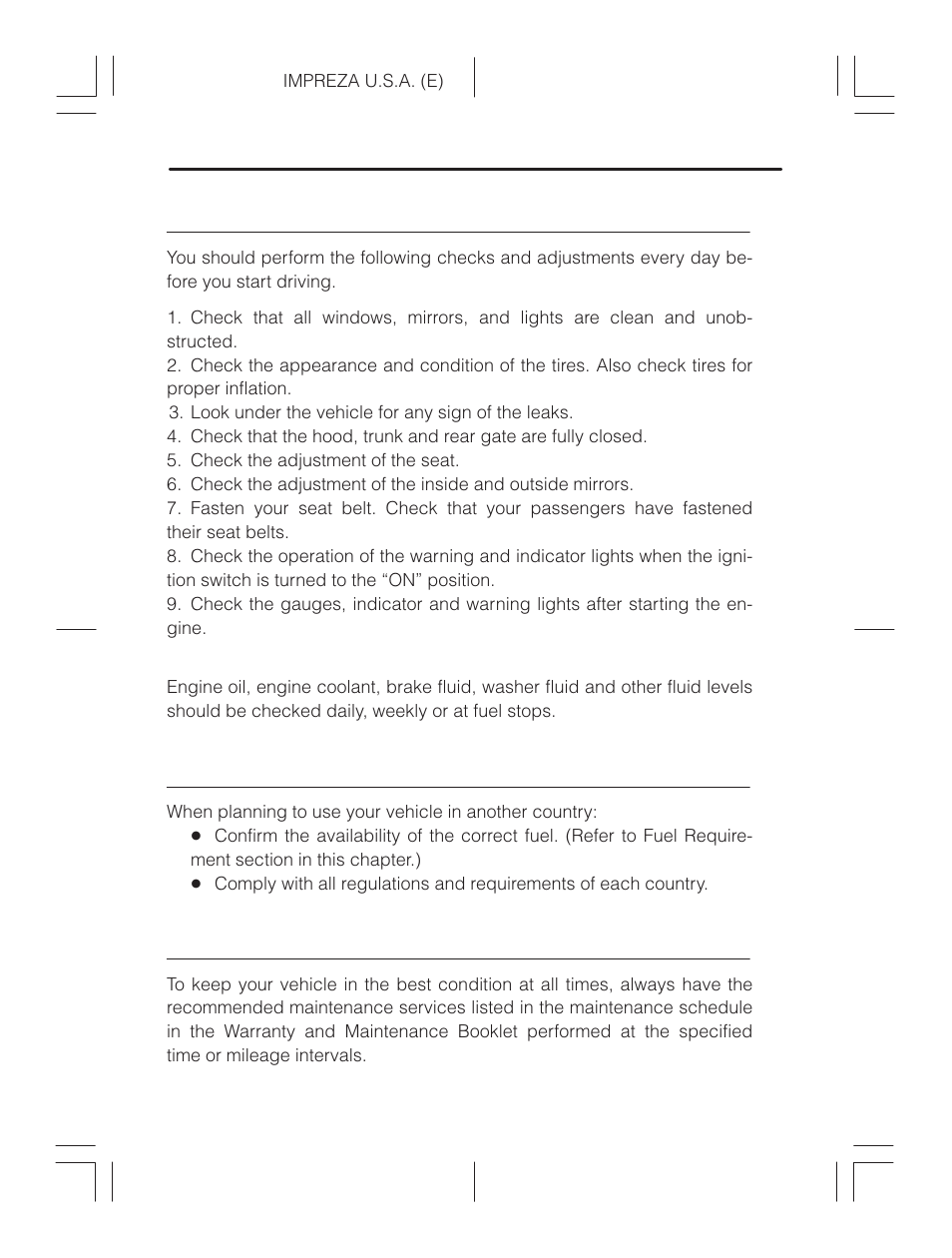 Preparing to drive, Driving in foreign countries, Periodic inspections | Subaru Impreza 2.2L MT User Manual | Page 192 / 328