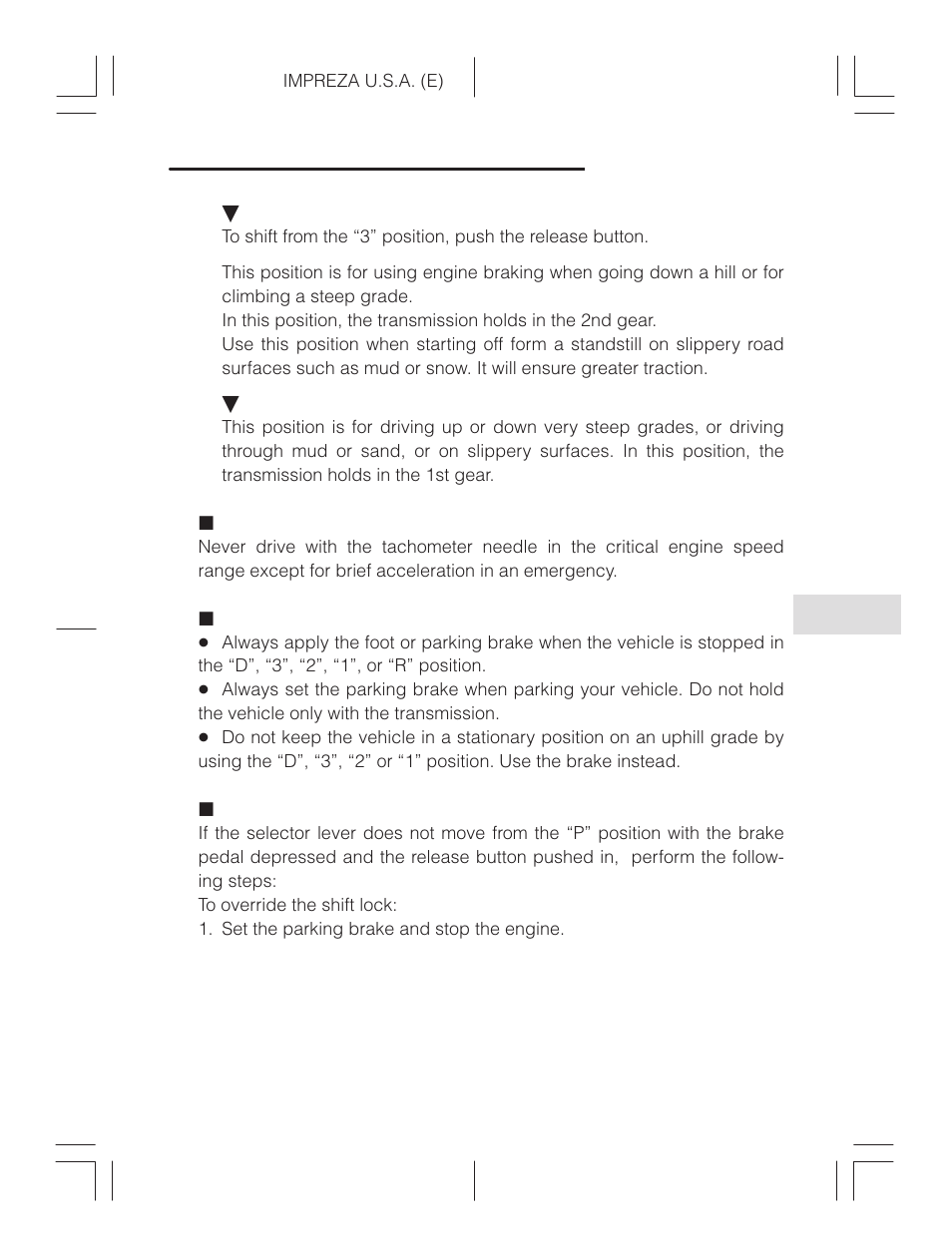 Maximum speeds, Driving tips, Shift lock release | Subaru Impreza 2.2L MT User Manual | Page 203 / 328