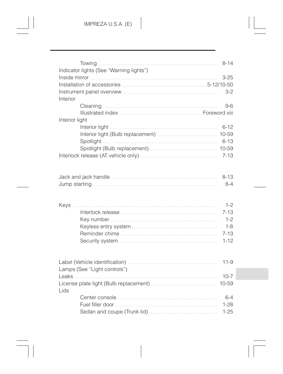 I to l, Doom light (see “interior light”) | Subaru Impreza 2.2L MT User Manual | Page 21 / 328