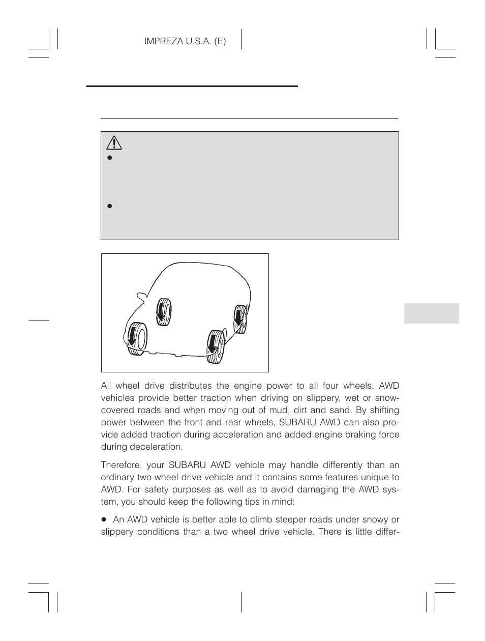 Driving tips for awd vehicles, Warning | Subaru Impreza 2.2L MT User Manual | Page 215 / 328