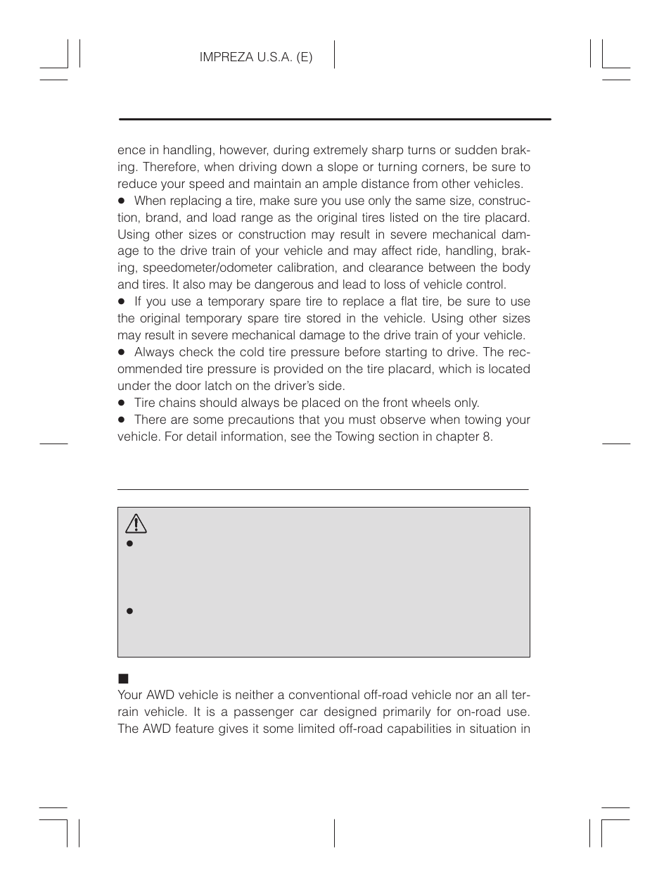 Off road driving, All awd models except outback, Warning | Subaru Impreza 2.2L MT User Manual | Page 216 / 328