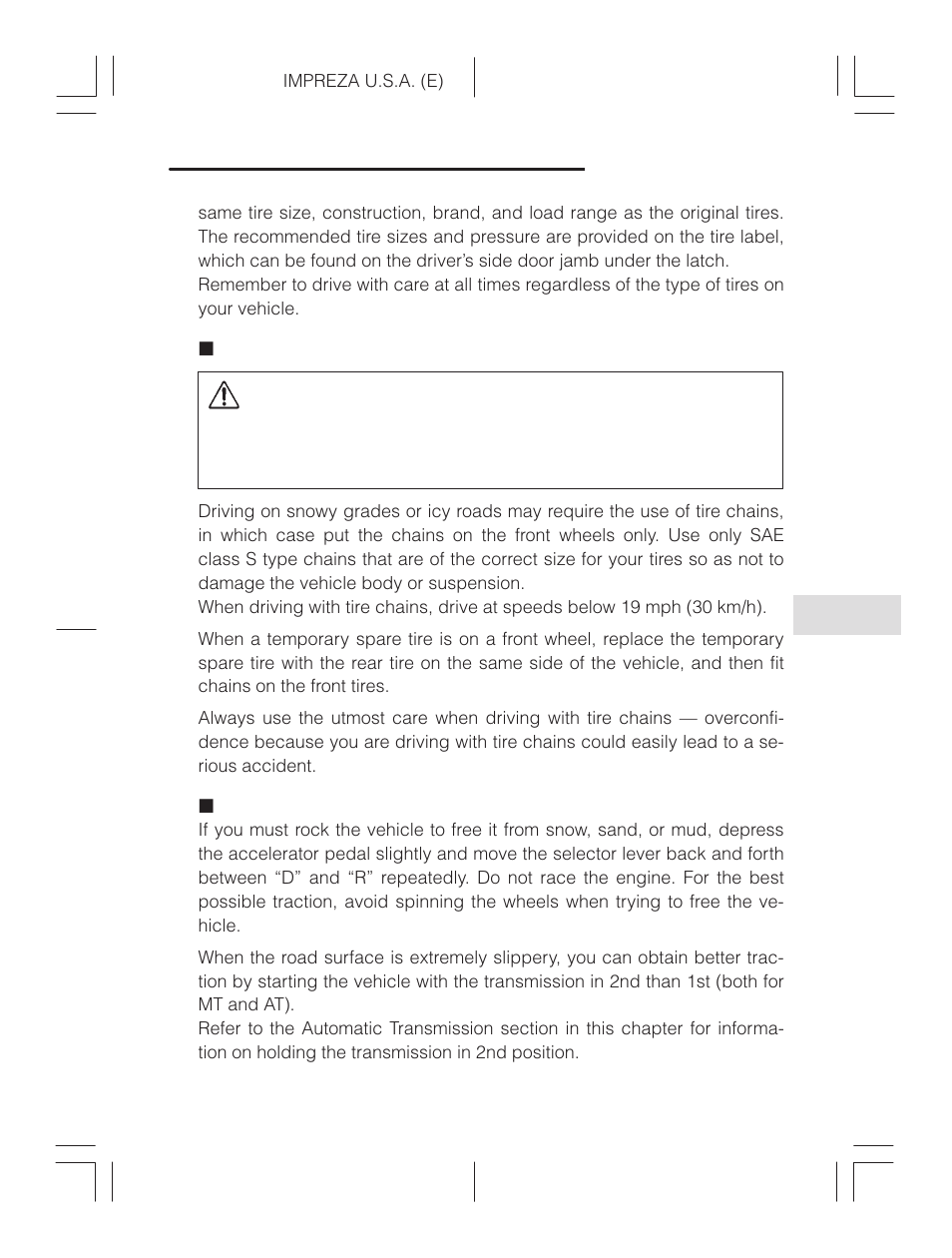 Tire chains, Rocking the vehicle, Caution | Subaru Impreza 2.2L MT User Manual | Page 223 / 328