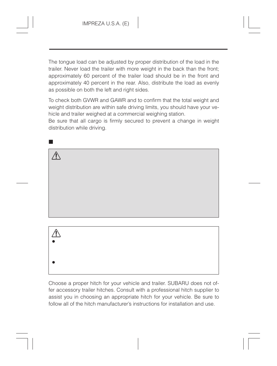 Trailer hitches, Warning, Caution | Subaru Impreza 2.2L MT User Manual | Page 228 / 328