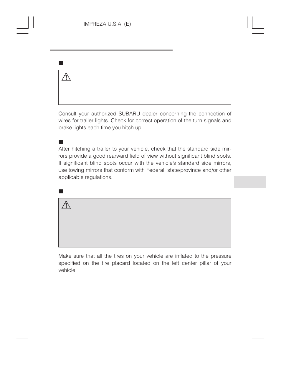 Trailer lights, Side mirrors, Tires | Caution, Warning | Subaru Impreza 2.2L MT User Manual | Page 229 / 328