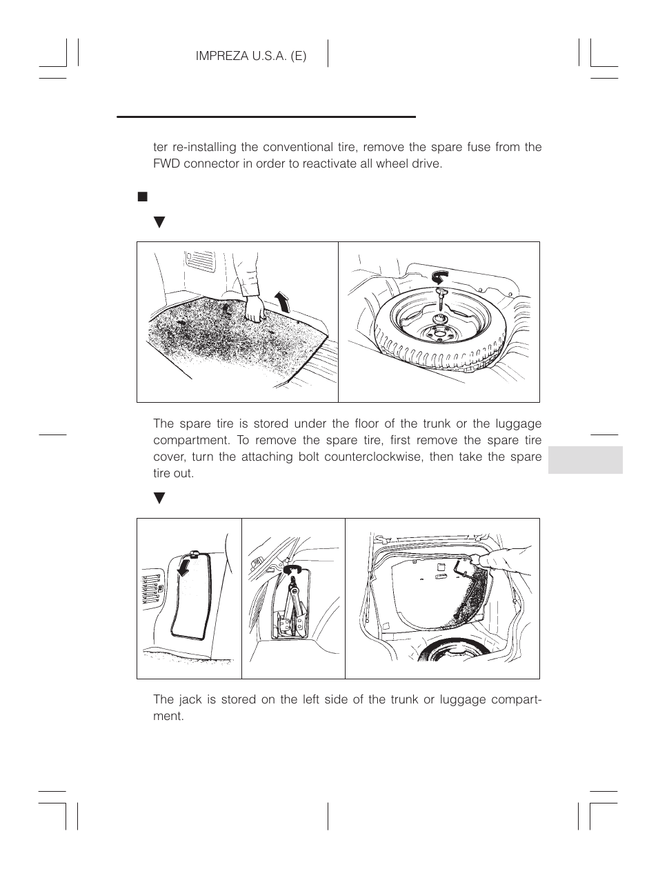 Tire changing tools | Subaru Impreza 2.2L MT User Manual | Page 245 / 328