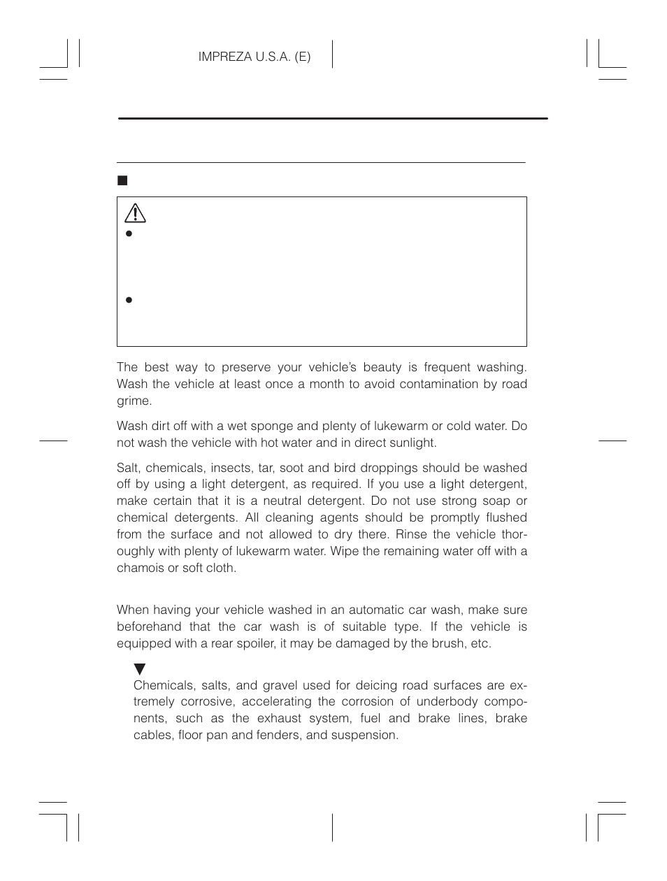 Exterior care, Washing, Caution | Subaru Impreza 2.2L MT User Manual | Page 252 / 328