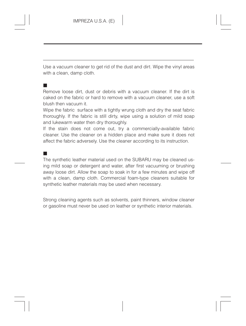 Cleaning the interior, Seat fabric, Synthetic leather upholstery | Subaru Impreza 2.2L MT User Manual | Page 256 / 328