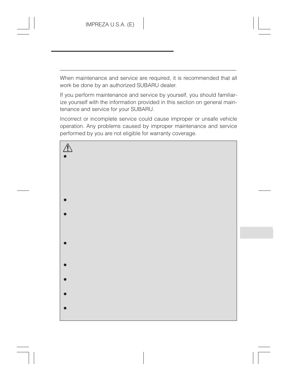 Maintenance precautions, Warning | Subaru Impreza 2.2L MT User Manual | Page 259 / 328