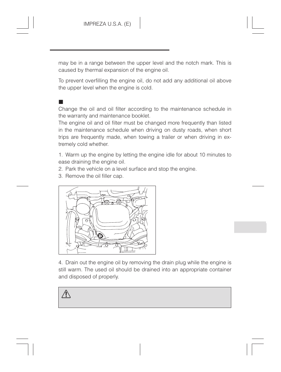 Changing the oil and oil filter, Warning | Subaru Impreza 2.2L MT User Manual | Page 265 / 328