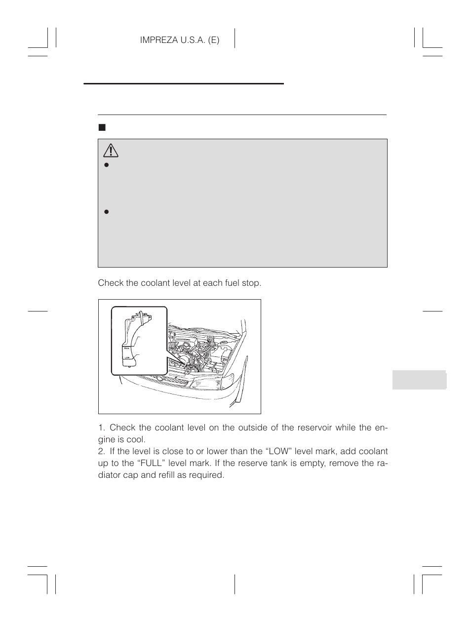 Engine coolant, Checking the coolant level, Warning | Subaru Impreza 2.2L MT User Manual | Page 269 / 328